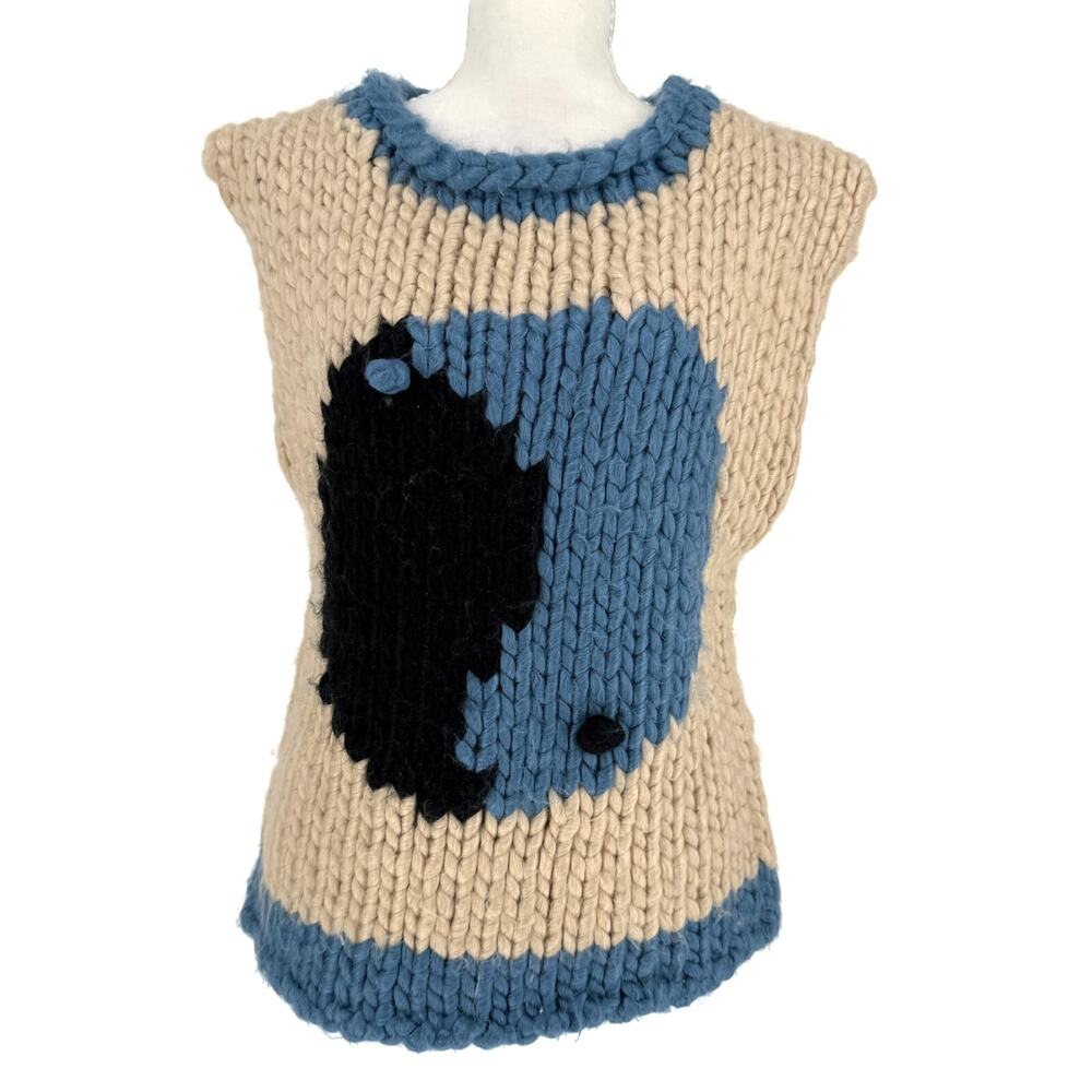 VRG GRL Eclectic Chunky Knit Sweater Vest Tank Top Beige Blue Size M L